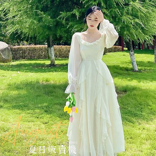 Bangbo French style long-sleeved dress 2025 spring and autumn new style women's design gentle and windy mesh super fairy fairy dress long-sleeved dress pure white M (suitable for 85-100)