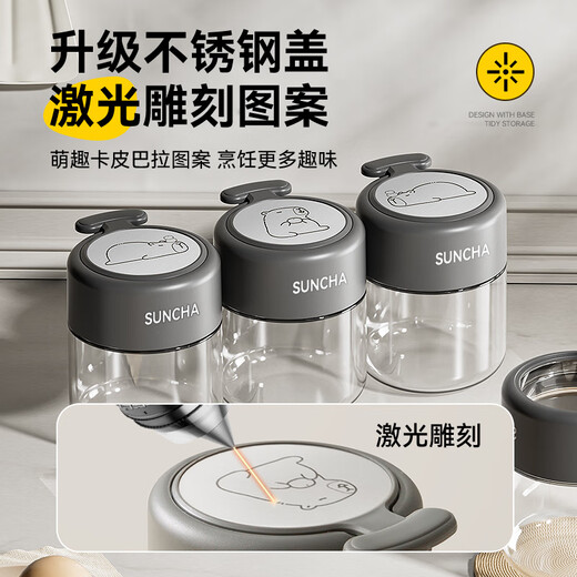 Double gun seasoning box seasoning bottle set complete kitchen punch-free salt shaker bottle storage box cute pet 4-piece set with bottom tray