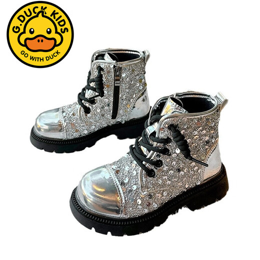 G.Duckkids Kinder Martin Boots Girls Autumn Single Stiefel 2025 Neue britische vielseitige Kurzstiefel mit mittlerer Kinder-Pailletten-Mode-Lederstiefel schwarz 31 innere Länge 19,6 cm