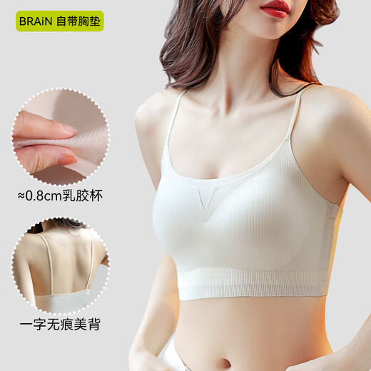 莫代尔无痕内衣女美背心式小胸聚拢文胸吊带一体防走光薄款裹抹胸罩 奶白 M 34/75AB 适合体重80-105斤