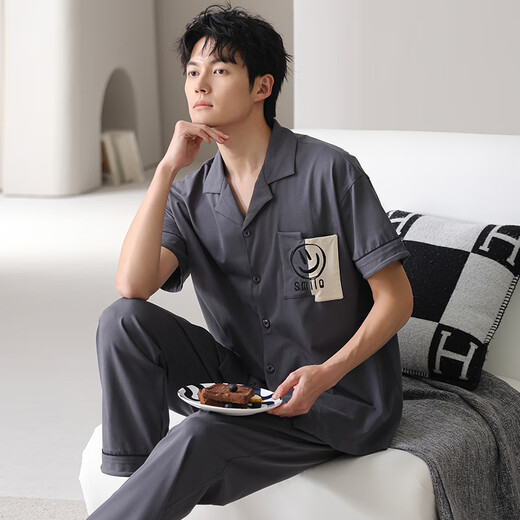 浪莎条纹睡衣男夏季纯棉短袖长裤高级感休闲宽松开衫家居服套装可外穿 848男 L