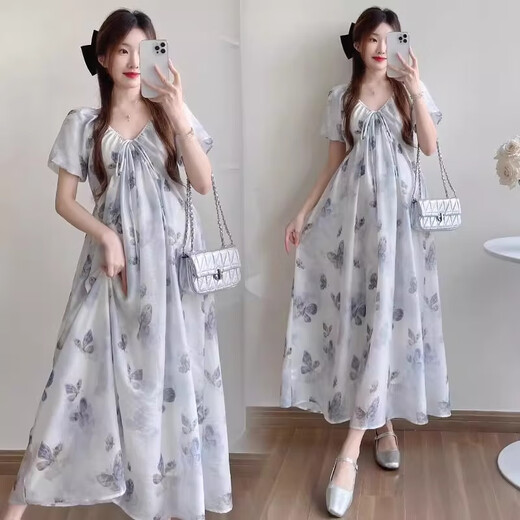 Vestido de maternidad Xinnan NUEVO 2025 Vestido de verano Romantic Casual en V de encaje en V Skirt Long Maternity Skirt Blue Butterfly Falda l Tamaño 100-120Jin [Jin equivale a 0.5 kg]