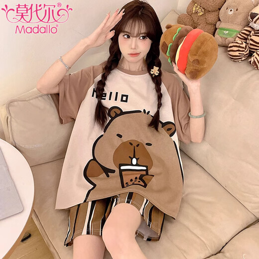 
Modal pure cotton pajamas for women for summer shorts shorts thin cartoon large size 200 Jin [Jin equals 0.5 kg] Women can wear home clothes suits 694 Kapibala 2XL [130-155 Jin [Jin equals 0.5 kg]]