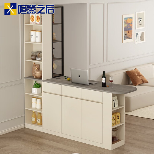 语森忆奶油中古风转角厨房中岛台客厅双面隔断吧台一体餐柜收纳柜8G374 款式11(带灯无升降插座)1478*60