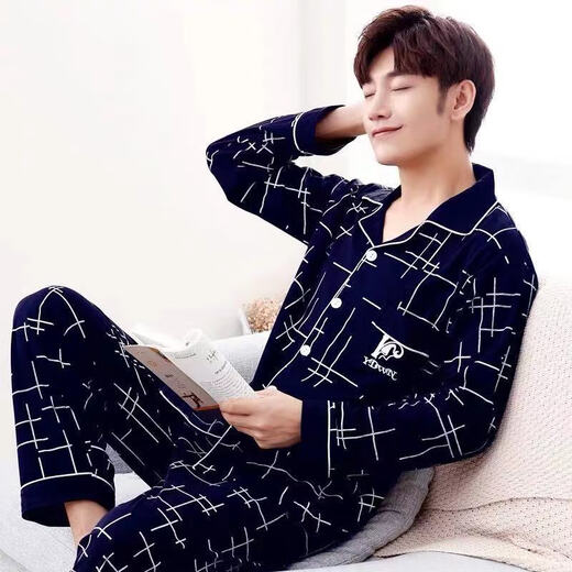 
SEPTWOLVES pure cotton pajamas men's long-sleeved spring and autumn style Korean style plaid casual large-size spring and summer men's home clothing set 844 M