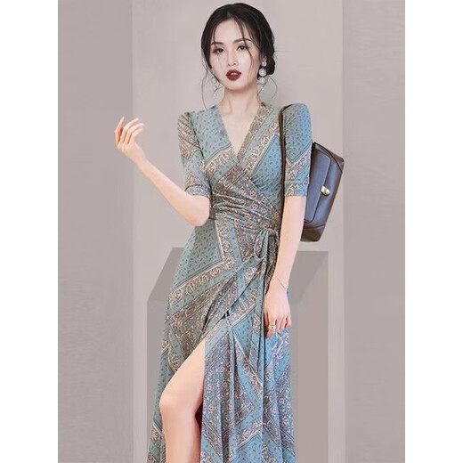 Gulan Dilly tall women's clothing 170-175 set lady temperament skirt goddess style V-neck dress women 2025 3519 black plum blossom S [normal delivery]
