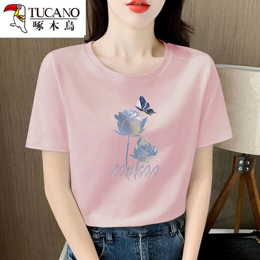 Woodpecker high-end combed pure cotton white short-sleeved T-shirt for women loose design and age-reducing niche summer clothing 2025 new top 6196 white high-quality pure cotton short M Recommended 80-105Jin [Jin equals 0.5 kg]