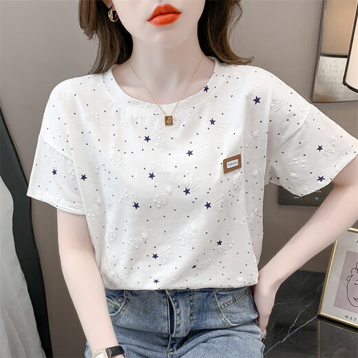 Avec Pure Yishion T-shirt imprimé en coton pur pour les femmes à manches courtes pour femmes T-shirt polyvalent T-shirt Top Tend 1396 # White S Convient pour 80-99jin [Jin est égal à 0,5 kg]