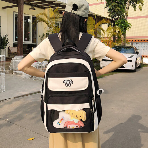 书包女学生ins森系校园百搭初中生高中大学生大容量减负双肩背包 黑色