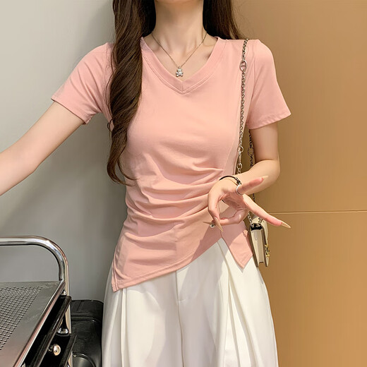 冉艺岚夏季2025新款黑色褶皱短袖恤女正肩修身不规则领上衣 黑色(15847款) S _89-98斤选