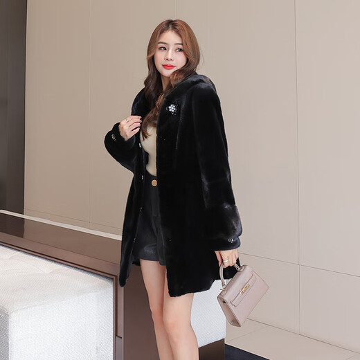 
Winter home brand fur imported mink coat for women, whole mink medium-length hooded mink fur coat for women 6 waves, black L 100Jin[Jin equals 0.5 kg]-120Jin[Jin equals 0.5 kg]