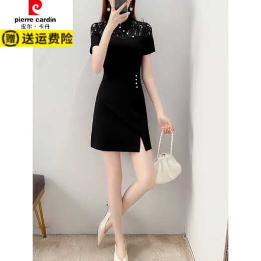 Pierre Cardin plus size summer dress for women slimming belly-covering little black dress for fat mm cheongsam style improved version Chinese style retro slit dress black M recommended 92-103 Jin Jin is equal to 0.5 kg