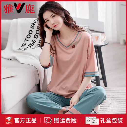 Yalu Pajamas para mujeres en verano 2025 Nuevo algodón puro algodón delgada de la casa de algodón suelto pantalones de manga corta Ajustos casuales Fentenkoan 7374 M [recomendado 80-105Jin [Jin es igual a 0,5 kg]]]