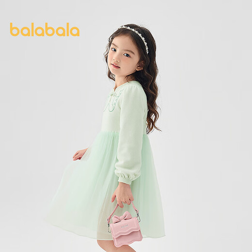 Balabala Children's Clothing Children's Dress Autumn and Winter Girls Woolen Splicing Mesh Princess Dress Western Fashionable Sweet Green Tone 00344 140