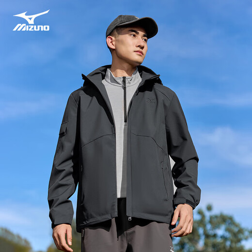 Mizuno Outdoor Jacket Men's Spring and Autumn Hooded Versatile Jacket Top Windproof and Waterproof Mountaineering Jacket Dark Gray L