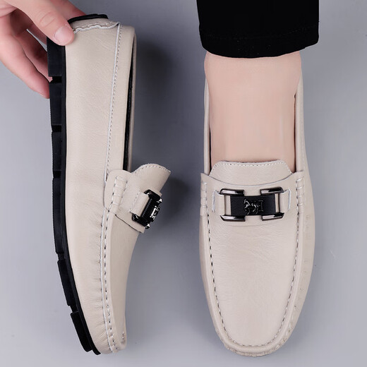 Light luxury brand leather shoes for men 2025 new summer breathable soft bottom business casual driving genuine leather bean dot shoes 9930 meters white 42