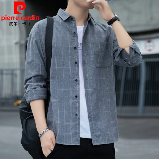 Pier Cardin high-end shirt men's long-sleeved spring and autumn lapel jacket loose top thin casual men's shirt men K12108 gray L