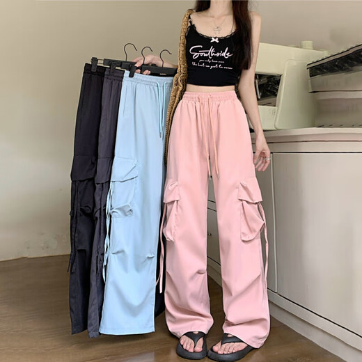 Pantalon de travail de soie de glace décontractée à plusieurs poches pour hommes et femmes pantalons extérieurs d'été neutres pantalons de couple à la mode KXW 687 Black [pantalon de travail de soie de glace] M [90-105jin [Jin est égal à 0,5 kg]]]