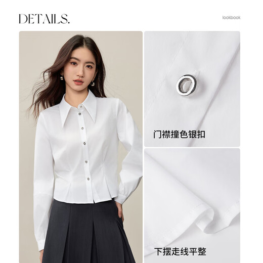 Shandubila pointed collar long-sleeved shirt for women in autumn metal buckle pinch pleated waist slimming shirt split design short top