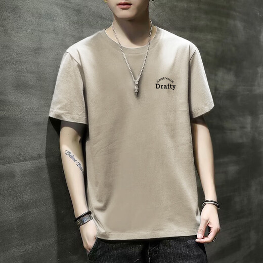 
RVFAN men's short-sleeved T-shirt in summer solid color youth fashion loose round neck pullover casual versatile base shirt large size T733 gray XL