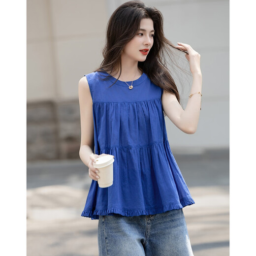 
Demana [Klein Blue] Summer Gentle Cotton Shirt Sleeveless Spliced ​​Loose Small Shirt Women's Top