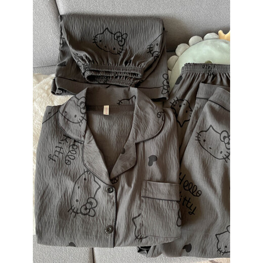 Catman Miiow2025 Neuer schwarzer grauer Höllen-Pyjamas für Frauen im Sommer im Sommer Pure Cotton Gaze Kurzärärmelte niedliche Heimkleidung Drei-teilige Set Yunduo Cotton-9905# Black Love Drei-teilige Set M [Vorschlag 75-100jin [Jin gleich 0,5 kg]]