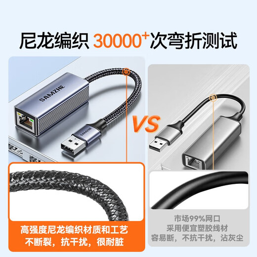 山泽USB3.0转网口千兆有线网卡转RJ45网线转接头接口转换器适用苹果Mac华为小米笔记本电脑外置扩展坞