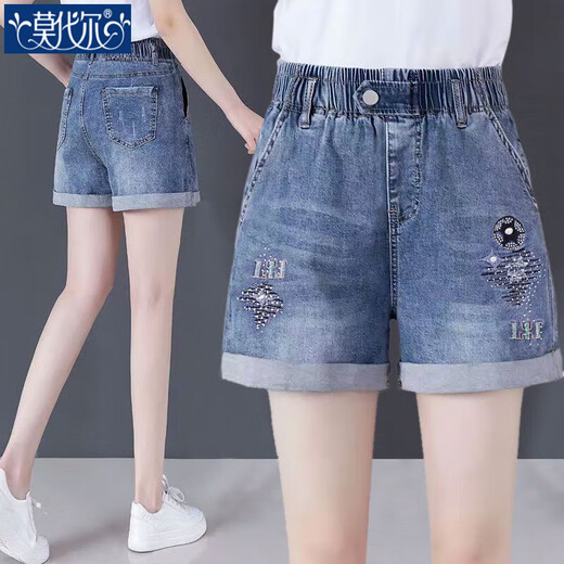 莫代尔刺绣牛仔短裤女25夏季新款高腰高弹力宽薄款阔腿夏装显瘦a字热裤 698纽扣拉链毛边脚4分裤 27 码两尺建议90-100斤可穿