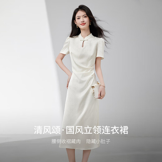 Shangdubila elegant commuting national style stand collar hollow slit pleated slim puff sleeve jacquard dress 152LI2110