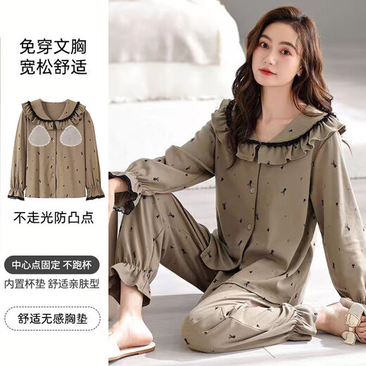 UKUHPK-Pyjama für Frauen im Frühjahr und Herbst Frauen 2025 in sich geschlossene Brustpadel Baumwolle Langarm Frauen Jingya Home Clothes Frühling und Herbststil [Doppelte Long-Brustpolster] Z7027 m