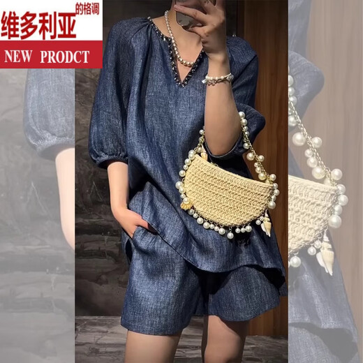 维多利亚的格调法式小众独特超好看v领上衣2025夏季新款宽松蓝色阔腿短裤套装女 蓝色套装 S 【建议95斤内 高品质】