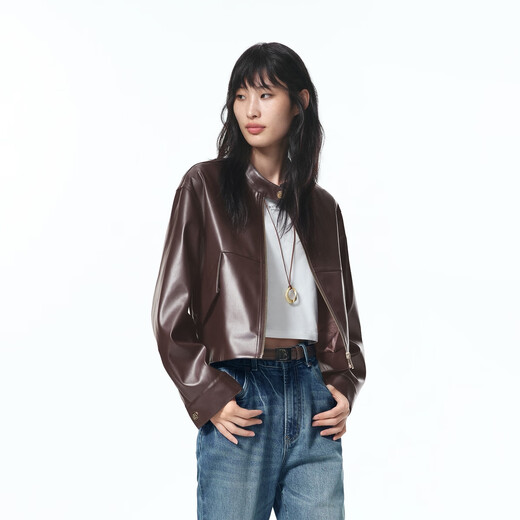 PEACEBIRD Women's Leather Jacket Gold Buckle Small Stand Collar Imitation Protein PU Leather Jacket Women's Truncated Motorcycle Maroon M