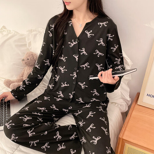 纯欲风蝴蝶结吊带睡衣女带胸垫三件套领开衫外套长袖家居服套装 13803＃黑色三件套带胸垫 M 建议80-100