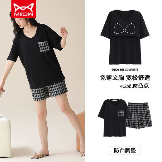 猫人（MiiOW）睡衣女纯绵防螨级短袖短裤带胸垫可外出夏天套装家居服 CKL-1355 【固定胸垫】 M 建议【80-100斤】