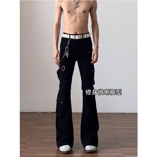 POUM American high street scimitar jeans for men in autumn vibe strappy jeans for men with all-match workwear pants for men DF-411 black L recommended 105--120 Jin Jin equals 0.5 kg