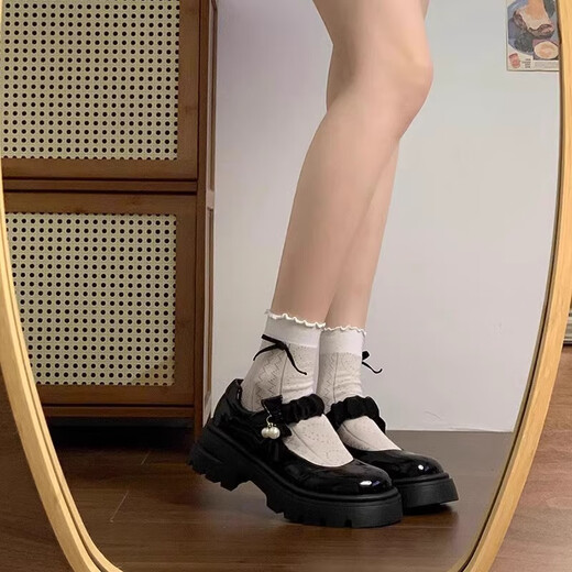 Xier round toe Mary Zhen small leather shoes thick heels high heels black jk shoes Lolita with skirt autumn single shoes women Mary Zhen small leather shoes black 36