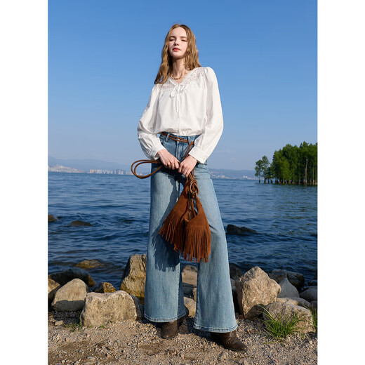 Sancai 2025 autumn new style lace V-neck loose shirt long-sleeved shirt top temperament M