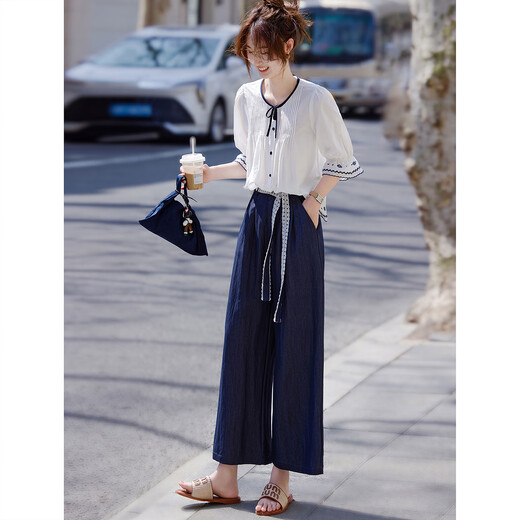 Awakening Paradise French Style Literary Style Round Neck Shirt Lace Tie High Waisted Wide Leg Pants Two-piece Commuting Suit Navy XL