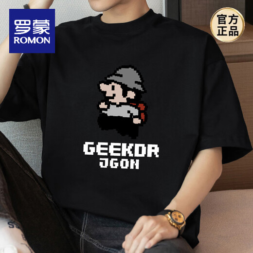 Romon (Romon) 260g schwere reine Baumwoll-Kurzärärt-T-Shirt-Sommer-Runde Runde Hals-Top-Modemarke Pixel gedruckt halbärmelig M09-693 Black S [80-100jin [Jin entspricht 0,5 kg]]