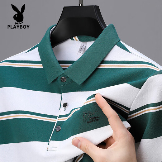 花花公子（PLAYBOY）高端夏季中年T恤男士POLO衫休闲爸爸装条纹商务冰丝透气宽松翻领 6636-红色 3XL