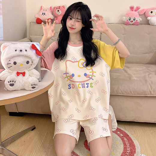 少年情话女士睡衣纯棉夏季卡通短袖短裤大码学生少女夏天可外穿家居服套装 Z9928 XL 女100-120斤