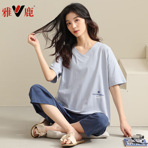 雅鹿短袖睡衣女夏季纯棉2025新款七分裤女款夏款大码家居服套装春秋款 684 M