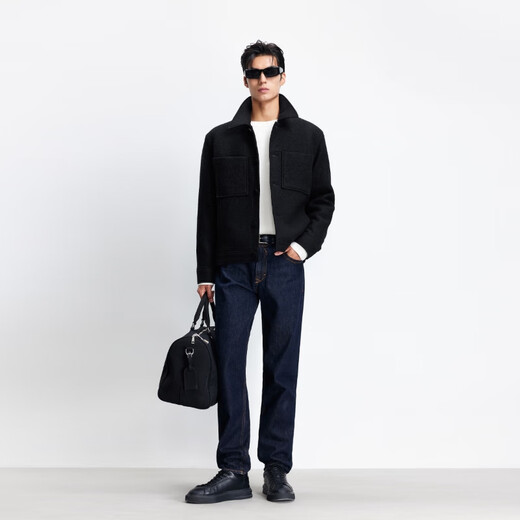 JACK&JONES 25-year men's autumn men's woolen coat solid color wool 100% woolen coat men's short woolen coat E43 pure black slightly loose, card size is small L (180)