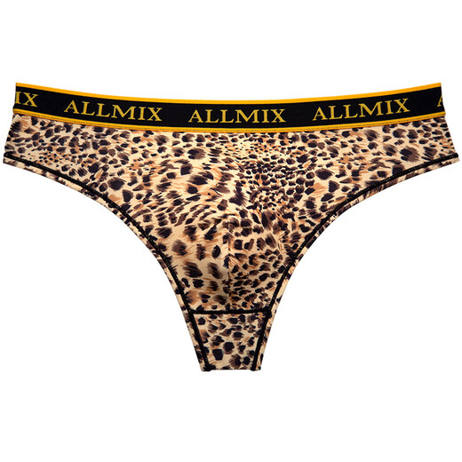 Bayuncao men's leopard print thong sexy underwear sports fitness markless low waist ice silk briefs cotton crotch convex T-pants Yellow Leopard XXL weight 145-170Jin [Jin equals 0.5 kg]