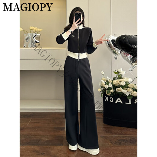 Magiopy International Luxury High-End-Marke kleine Menschen, die hohe Freizeitsport-Set Frauen-Frühling Europäische Station schwarzer Kurzjacke schwarzer zweiteiliger S-S-S-Set (100 Jin [Jin gleich 0,5 kg]))