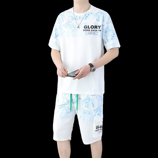 梦特娇（MONTAGUT）断码2025年新款短袖休闲运动套装男士短裤青少年小猫潮牌两件套搭 套装6187蓝色 M75-100斤