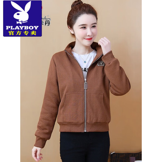 花花公子（PLAYBOY）小个子加绒加厚棒球服短外套女士秋冬季时尚洋气减龄休闲夹克上衣 咖啡色 M 【建议80-95斤】