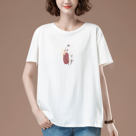 GIOIO中年妈妈纯棉t恤女夏短袖宽松汗衫加大码女装中老年圆领咖色上衣 白色【KSP-9896款】 XL 适合115-130斤