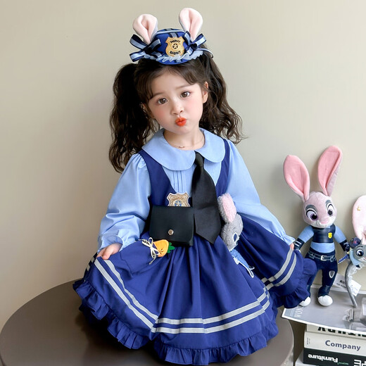 Dan Bird King Girls Judy Rabbit Police Officer Princess Dress Spring and Autumn Children's College Style Dress COS Clothing Girls Lolita Blue Dress + Tie 110 Codes