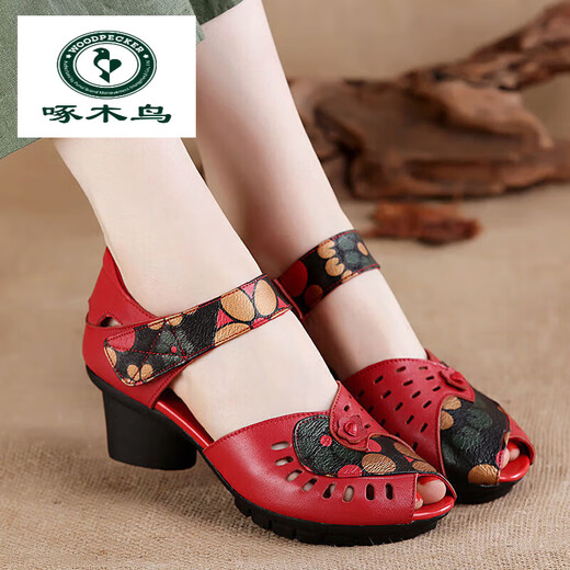 啄木鸟凉鞋女民族风妈妈鞋粗跟软底鱼嘴凉鞋中老年凉鞋 686-1红色 37